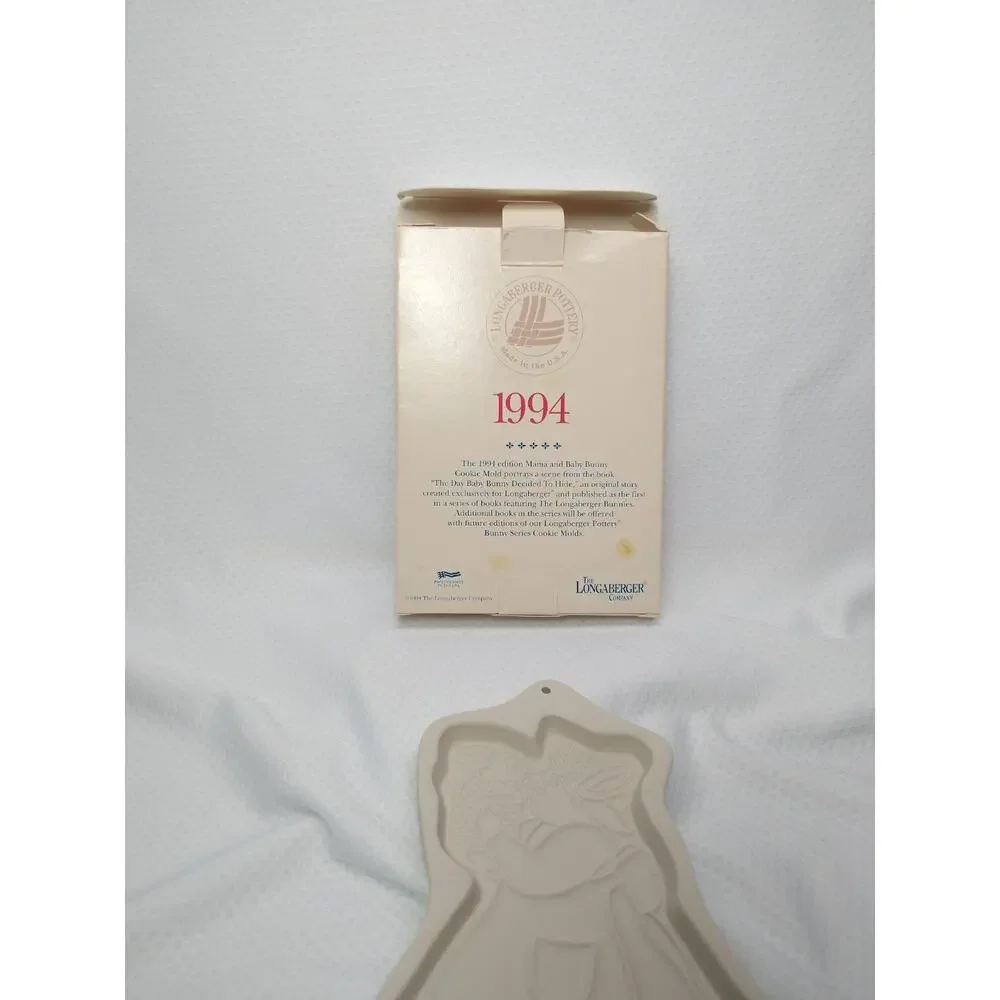 Vintage Longaberger Woven Traditions Ceramic Bunny Cookie Mold Tie-On 1994 Box